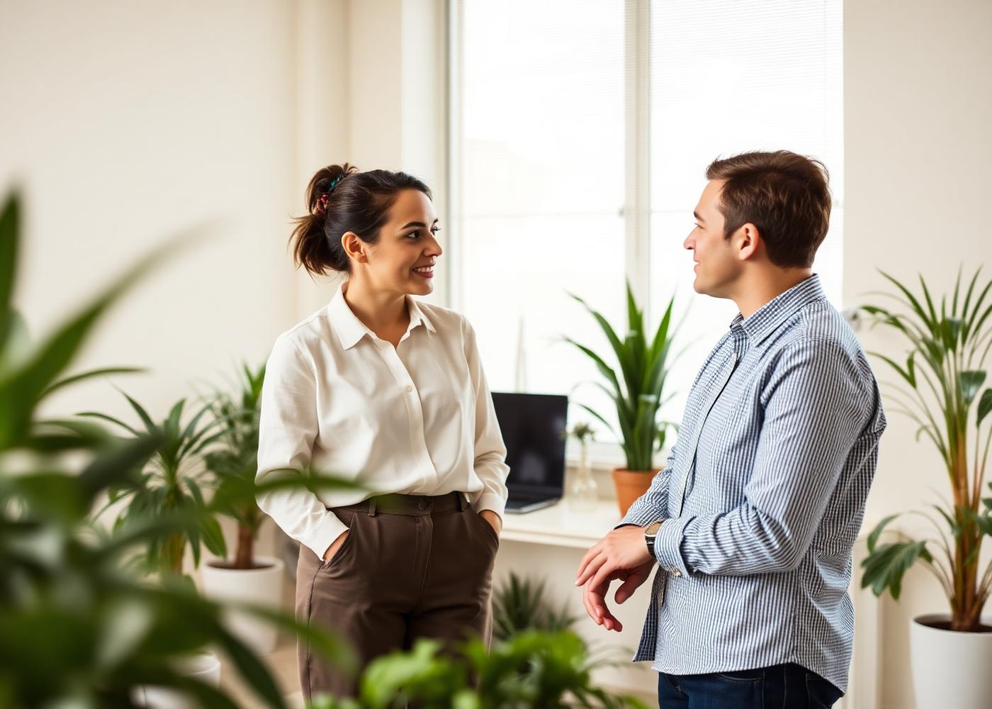 Two colleagues in a warm conversation at work
